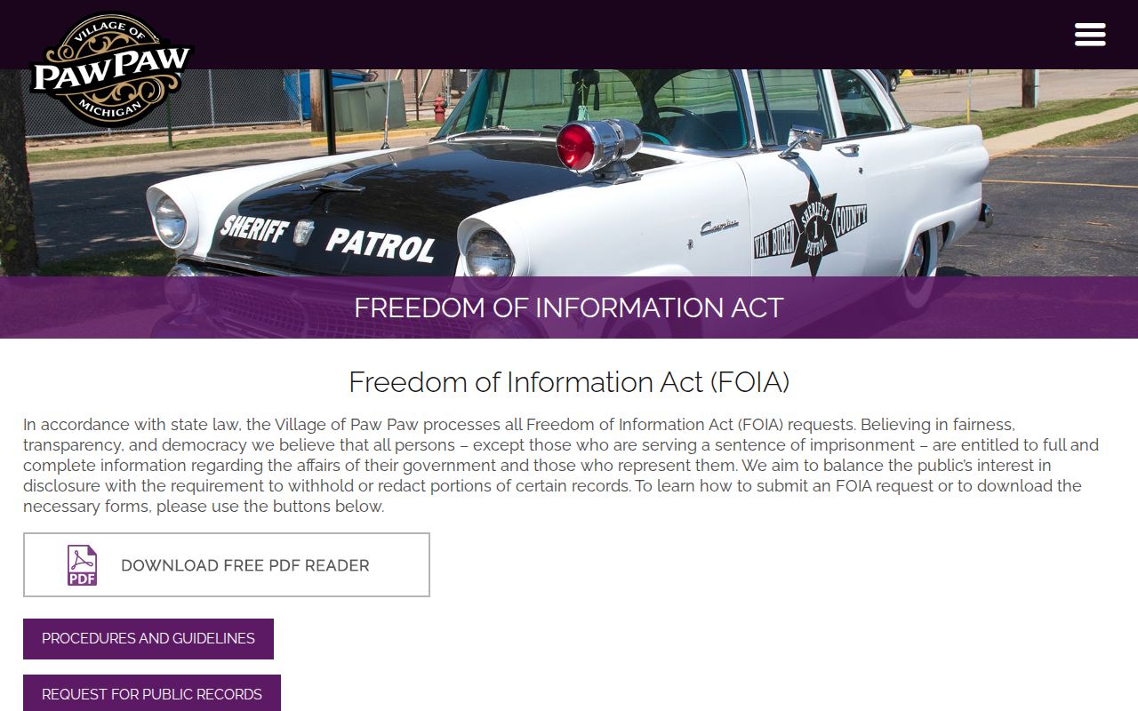 Paw Paw Police FOIA record-request source for Van Buren County arrest records